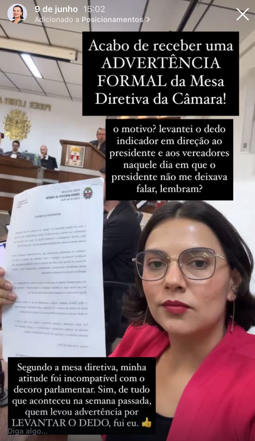  Vereadora é advertida em Vinhedo após ter seu direito a questionamento cerceado